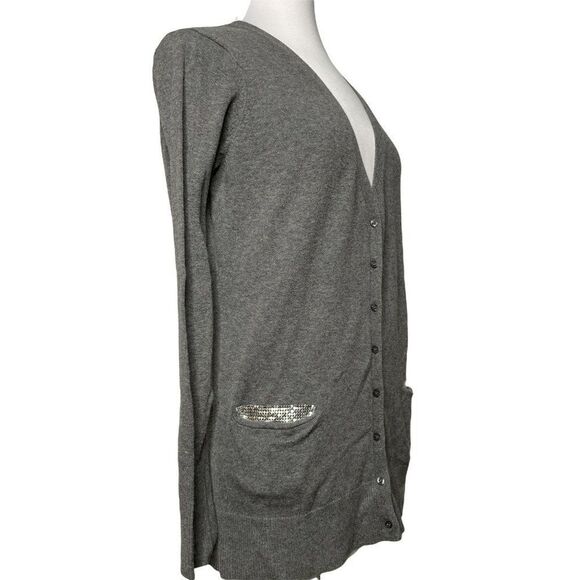 Cache Gray V-Neck Boyfriend Long Cardigan Sweater Sz M Silver Mesh Pocket Detail - Picture 4 of 7